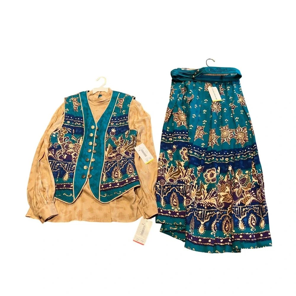 Howard Wolf Vintage 3-Piece Set Teal Gold Paisley‎ Quilted Vest Skirt Blouse 12